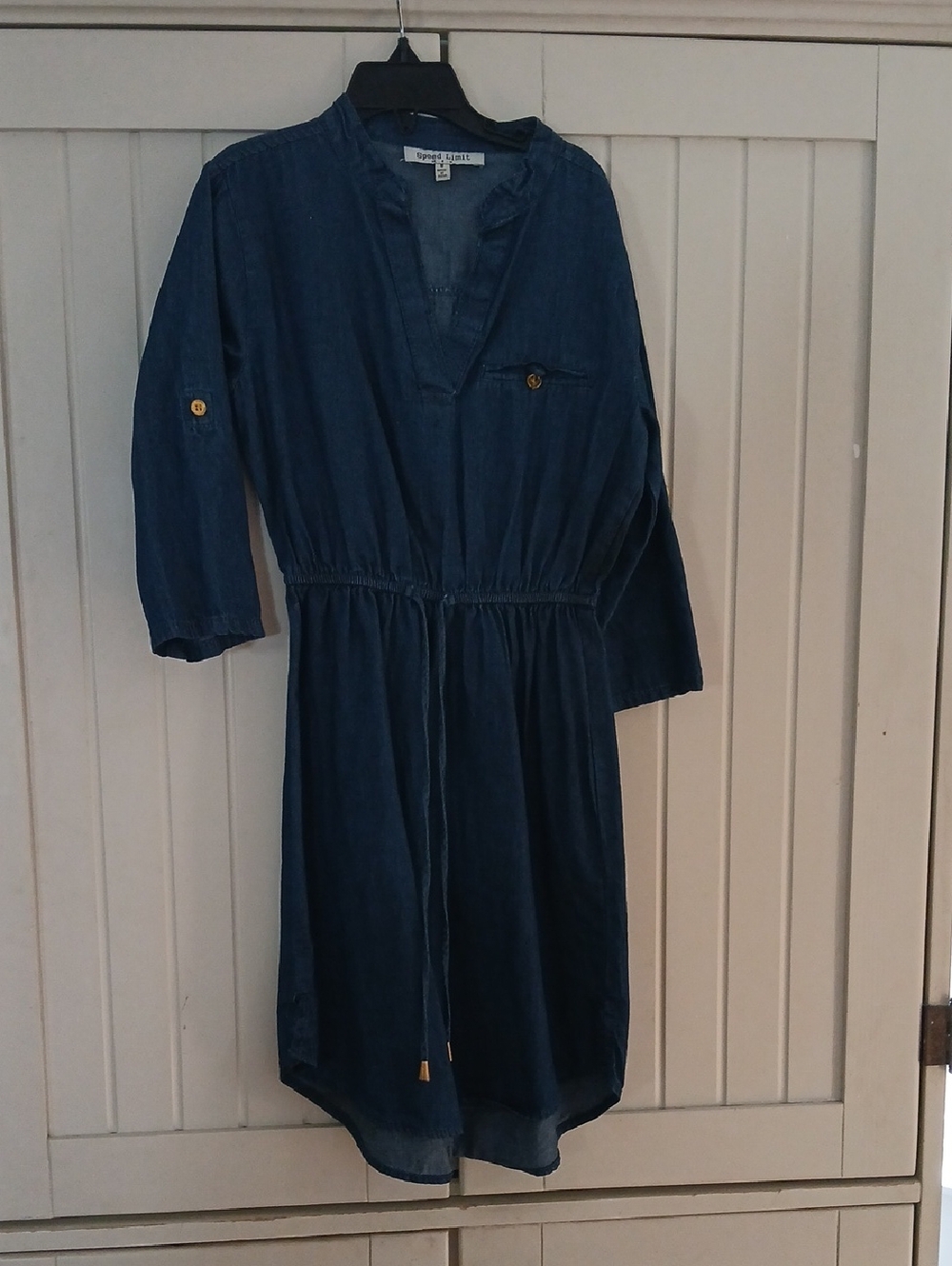 Casual Indigo Denim Blue Girls' Drawstring Waist Dress